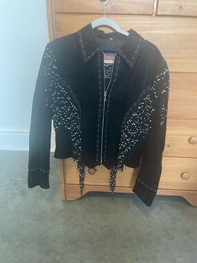 VINTAGE Women’s Black Studded Suede Fringe Jacket - Western Zip Front